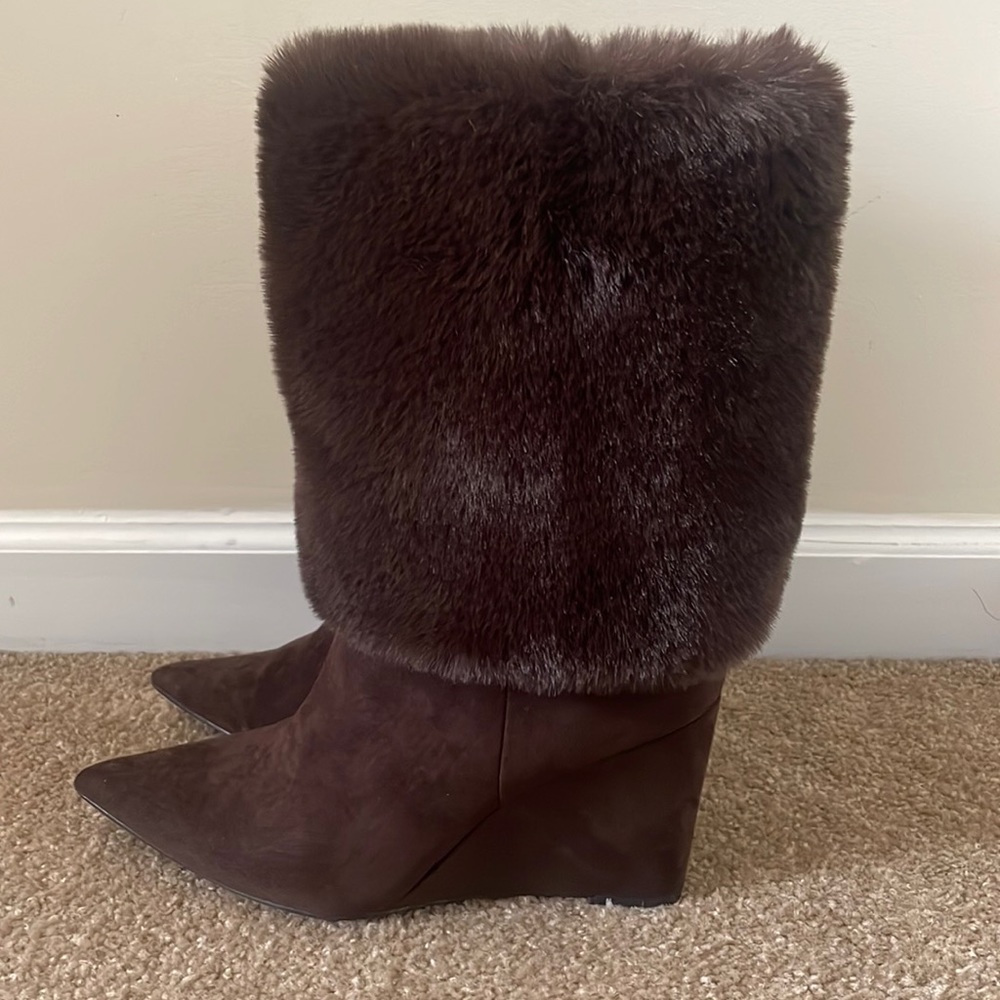 Shoedazzle Faux Fur Wedge Pointed Toe Booties